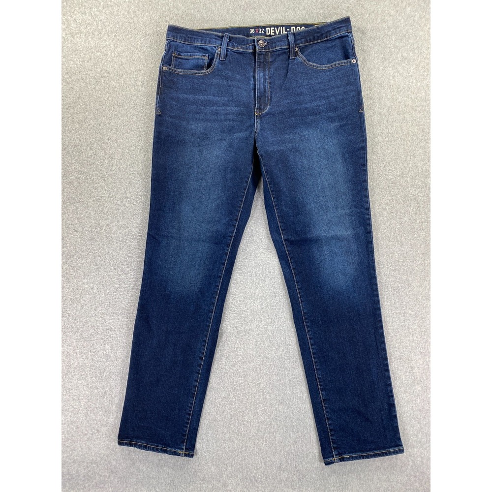 Devil Dog Jeans Mens 36x32 Dark Blue Wash Straight Slim Fit Stretch Fits 36x30.5